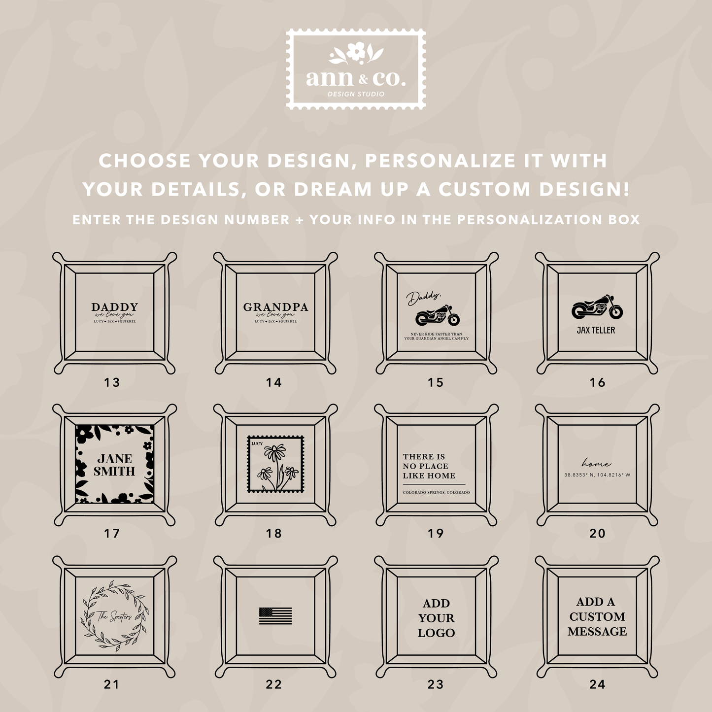 Collection of customizable photo frames with various designs on a beige background, featuring the brand 'ann & co.'