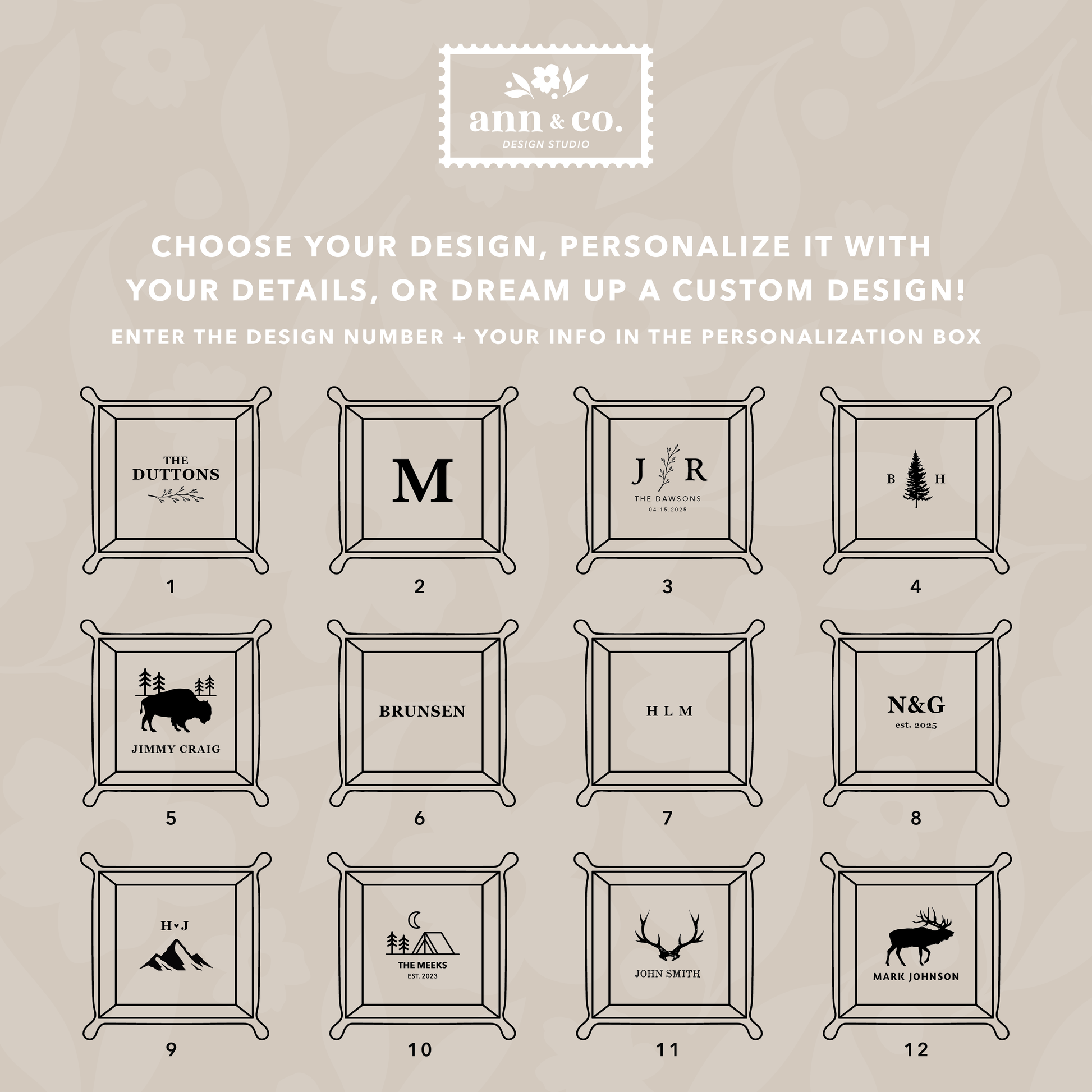 Collection of personalized frames with various designs on a beige background, featuring the brand 'ann & co.'