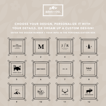 Collection of personalized frames with various designs on a beige background, featuring the brand 'ann & co.'