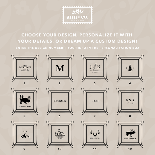 Collection of personalized frames with various designs on a beige background, featuring the brand 'ann & co.'