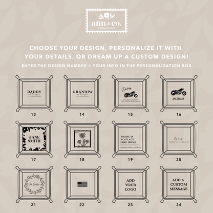 Collection of customizable photo frames with various designs on a beige background, featuring the brand 'ann & co.'