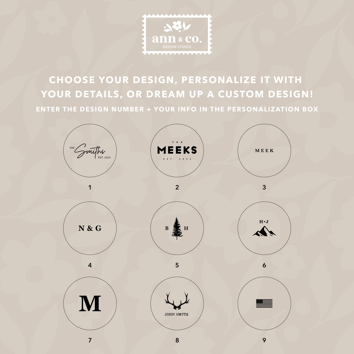 Collection of customizable logo designs with text and icons on a beige background, featuring the brand 'ann & co.'