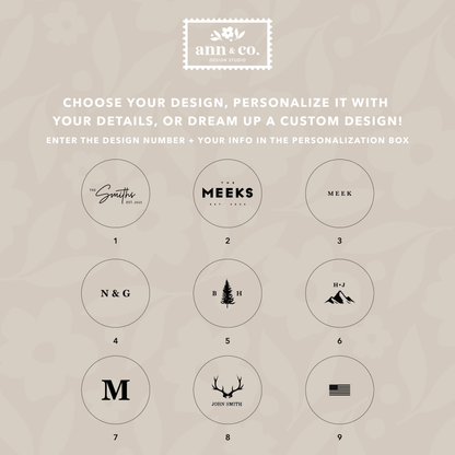 Collection of customizable logo designs with text and icons on a beige background, featuring the brand 'ann & co.'