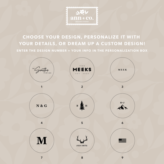 Collection of customizable logo designs with text and icons on a beige background, featuring the brand 'ann & co.'
